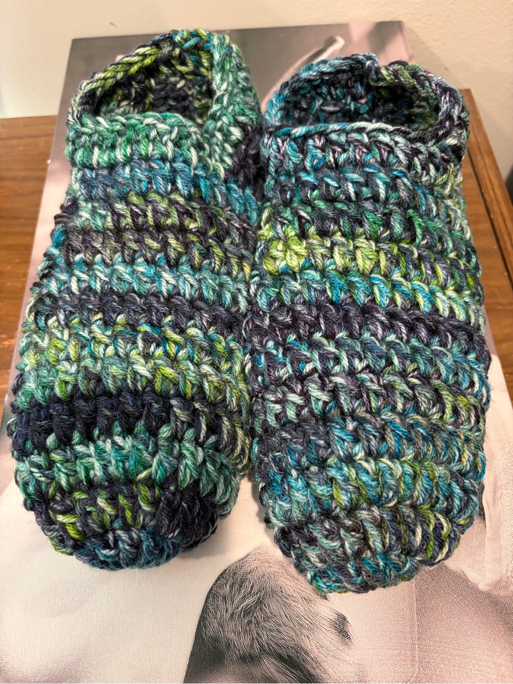 Handmade Crochet Slippers Blue Green Boho Cozy House Shoes - Picture 2 of 4